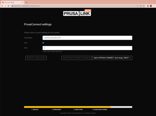 Assistant de Configuration de PrusaLink - Paramètres de Prusa Connect