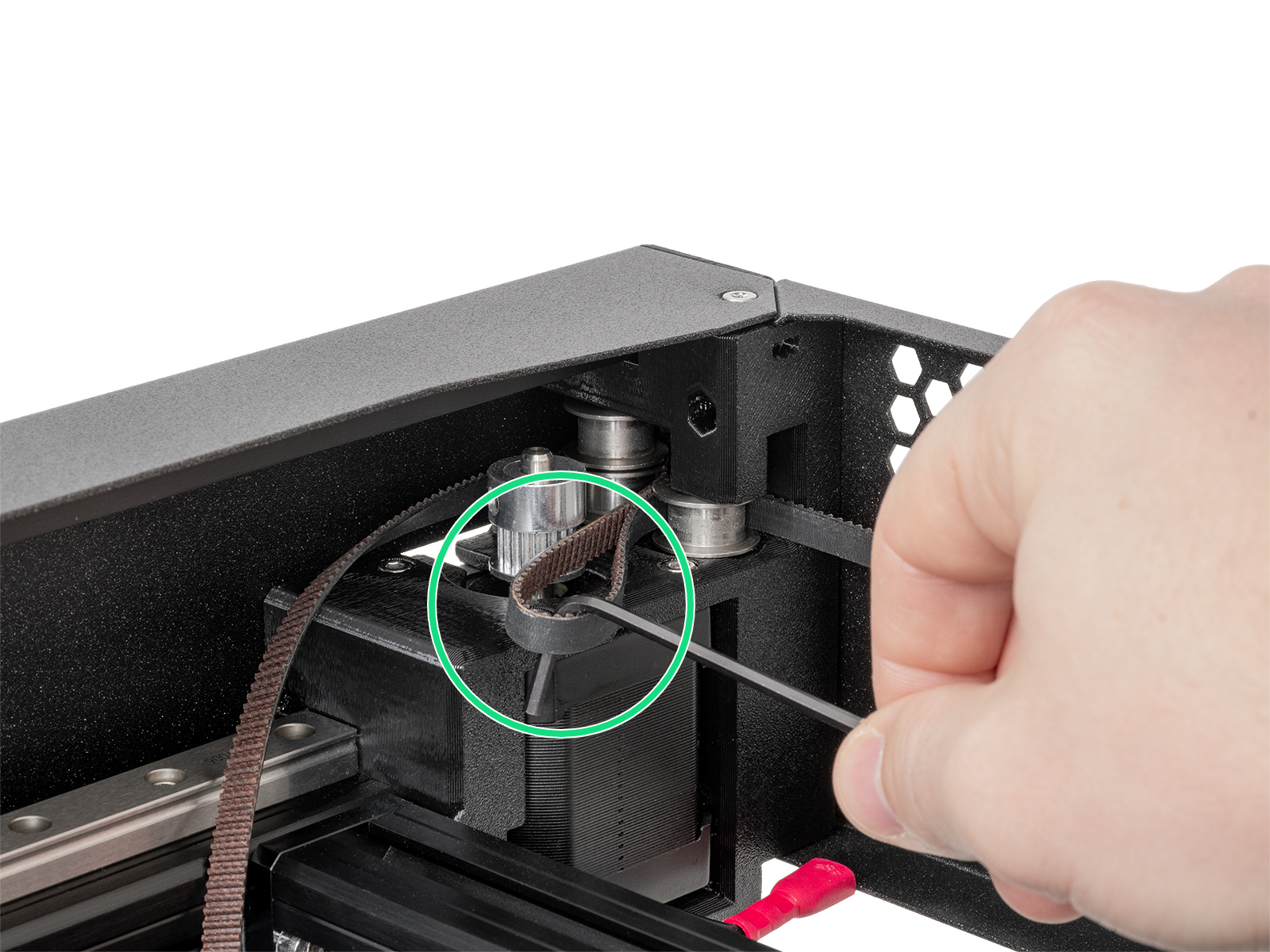 Lower belt attaching: motor pulley belt securing