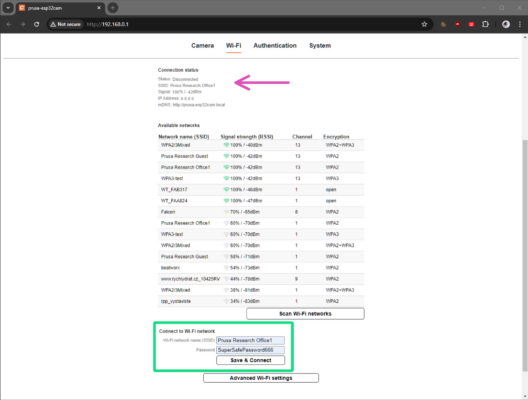 Cam software: Wi-Fi config