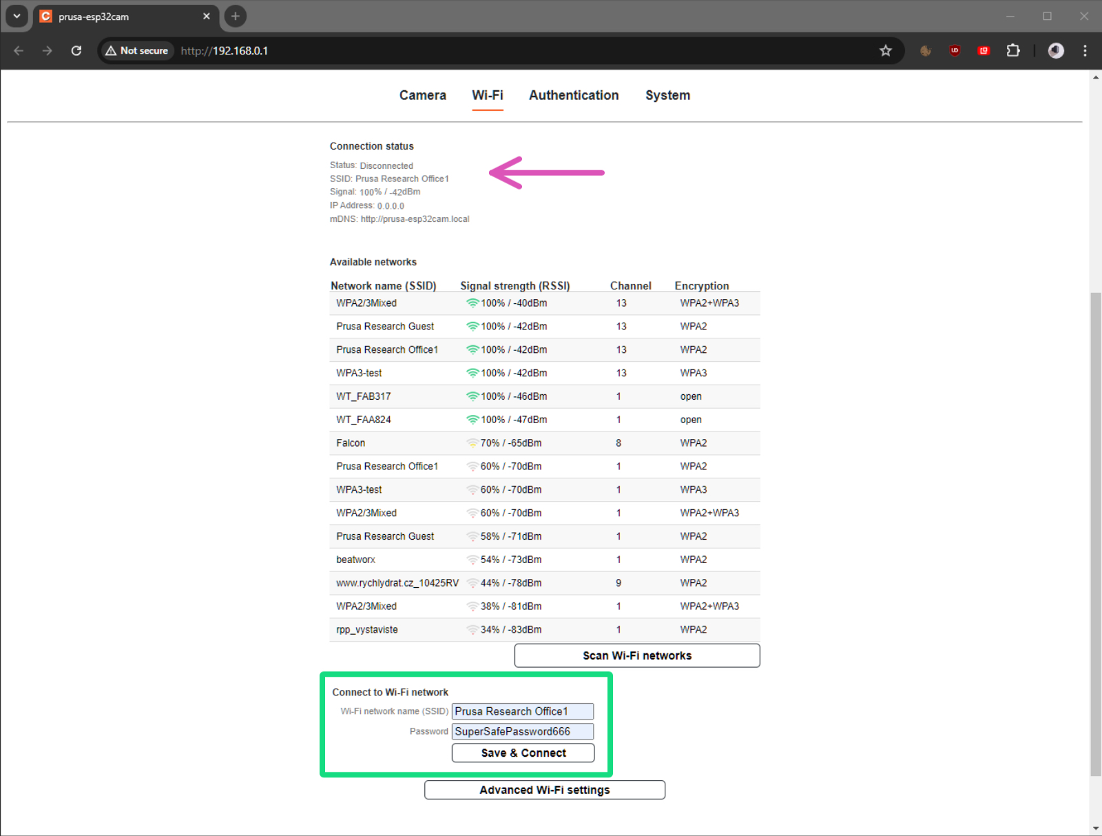 Cam software: Wi-Fi config