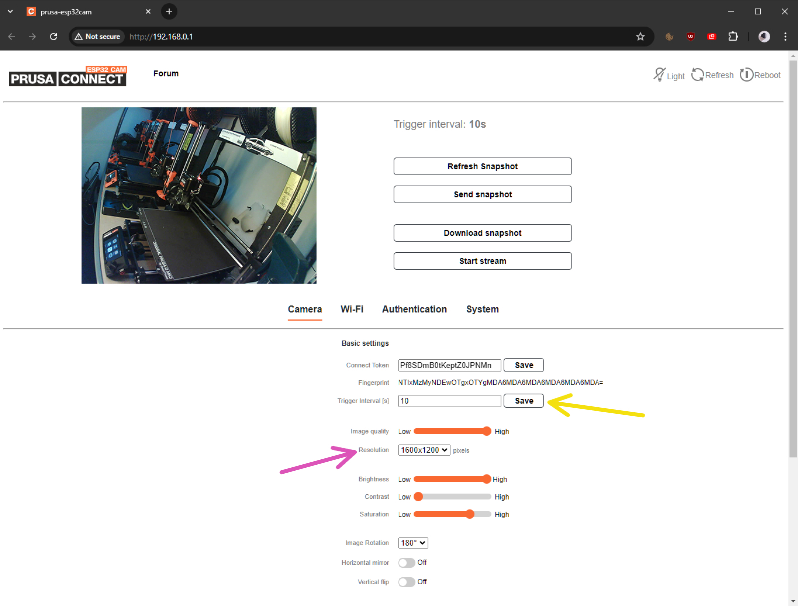 Logiciel de la Cam : configuration de la Cam