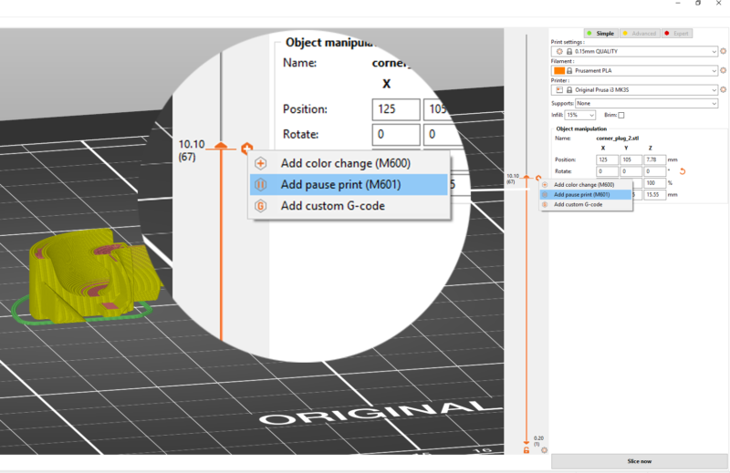 レイヤーに一時停止またはカスタムGコードを挿入する | Prusa Knowledge Base